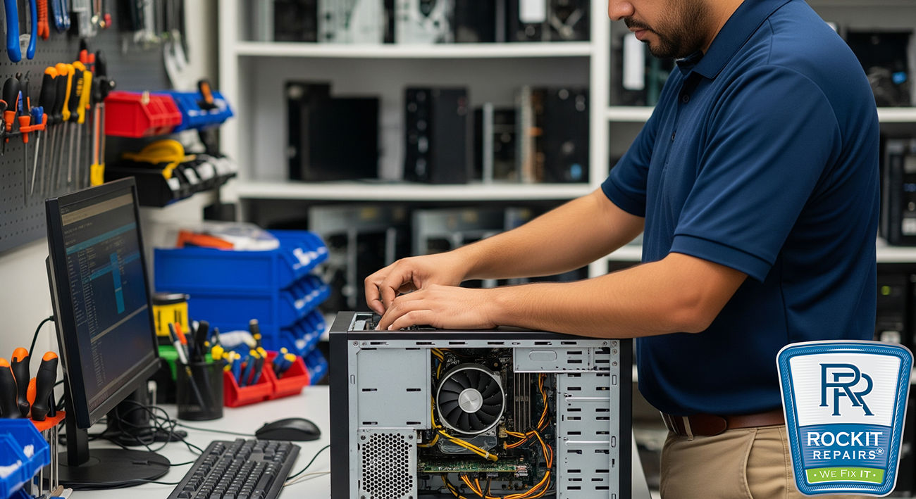Technician repairing a computer in Fredericksburg or Stafford, VA.