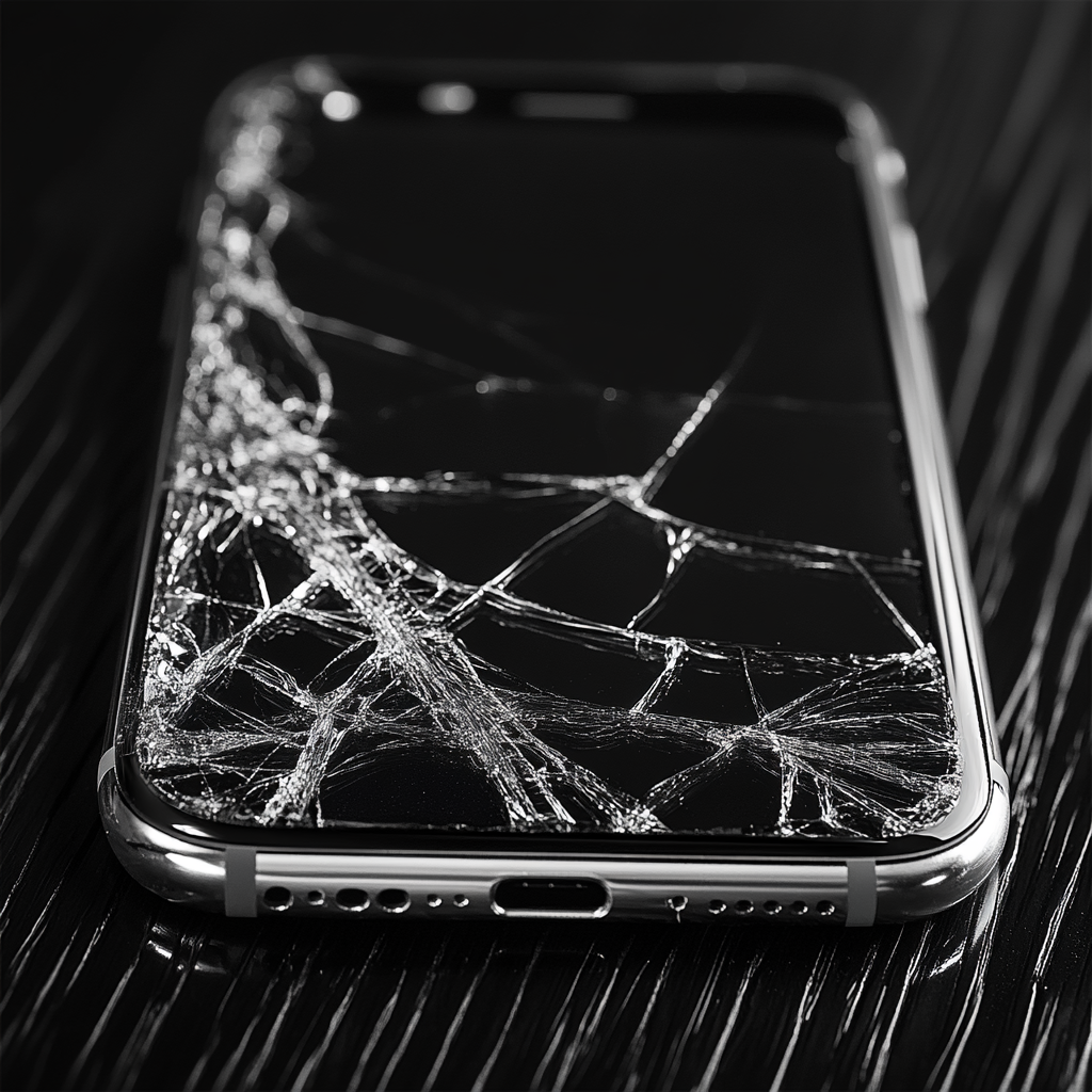 Close-up of cracked iPhone screen on black surface