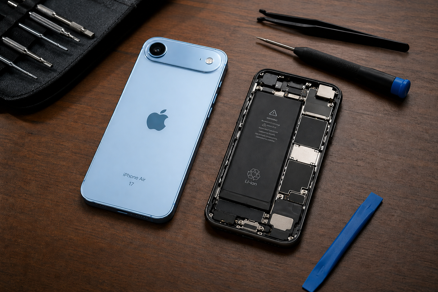 A light blue iPhone Air 17 next to an opened iPhone showing internal battery and components, with repair tools on a wooden desk.