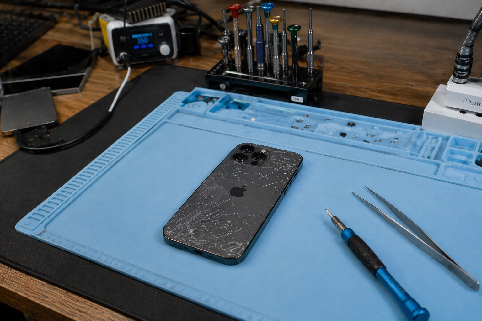 Cracked iPhone 17 back glass on repair mat at RockIT Repairs in Fredericksburg VA with tools ready for professional repair