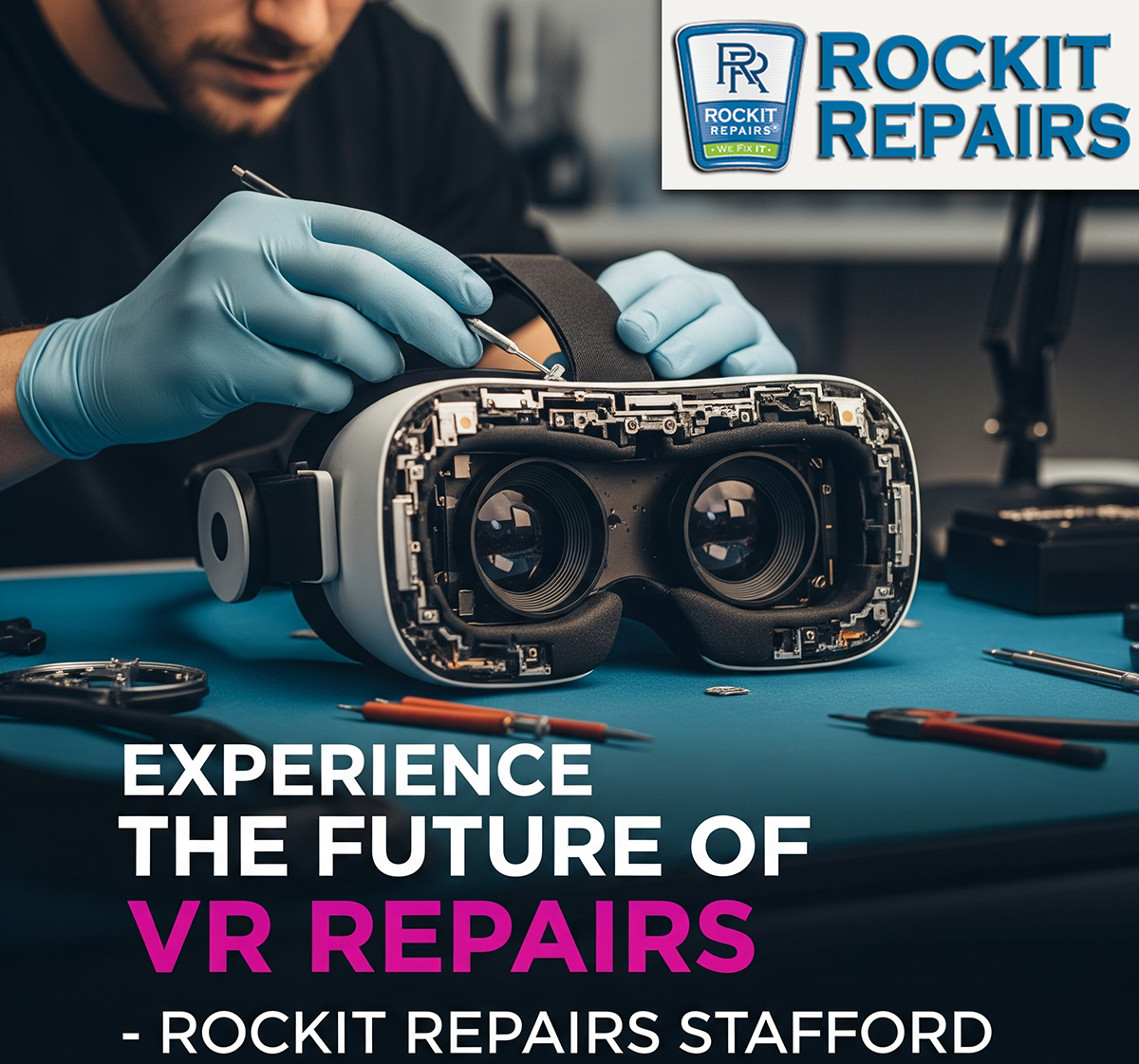 Collage showcasing repair services for VR headsets, game consoles, handheld devices, and smartwatches at RockIT Repairs Stafford.
